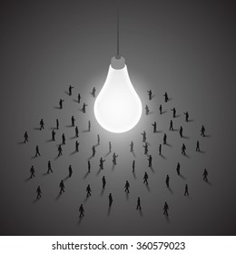 A group of people walking to a light bulb. It 's a brainstorm, inspiration, idea business concept. Isometric illustration vector EPS 10.