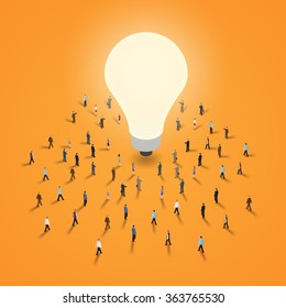 A Group Of People Walking To A Light Bulb. It 's A Brainstorm, Inspiration, Idea Business Concept. Isometric Illustration Vector EPS 10.