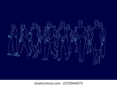 Group of people walking in a line. The people are all dressed in business attire. The image is in blue