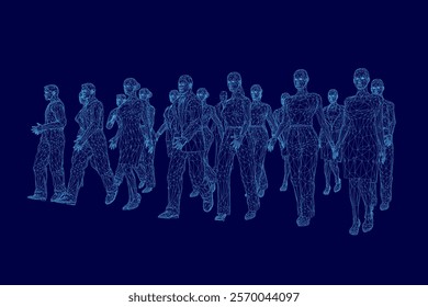 Group of people are walking in a line. The people are all different sizes and are walking in different directions
