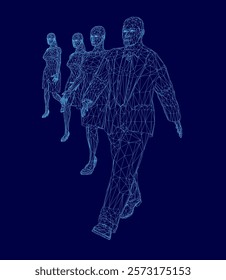 Group of people walking in a line. The people are all dressed in business attire. The image has a futuristic feel to it