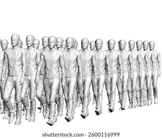 A group of people walking in a line. The people are all white and are walking in a straight line