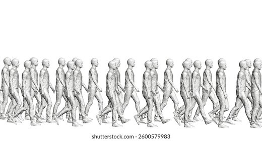 A group of people walking in a line. The people are all dressed in black and white. The image has a sense of motion and movement, as if the people are walking in a parade or a marching band