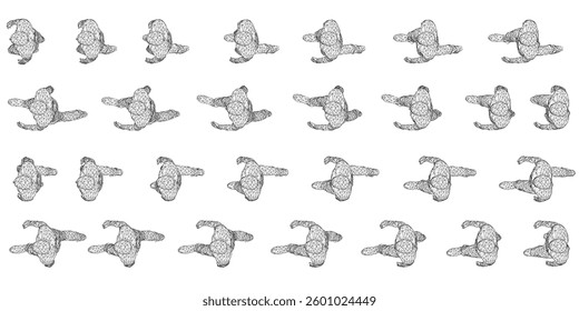 A group of people walking in a line. The people are all same sizes and are walking in same direction. Top view