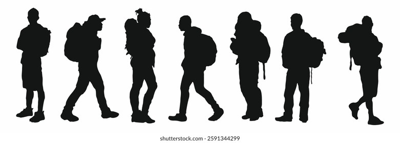 A group of people are walking in a line, each carrying a backpack. The silhouettes of the people are drawn, and the backpacks are shown as well. Concept of adventure and travel