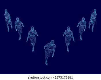 Group of people are walking in a line. The image is in blue and the people are in different positions