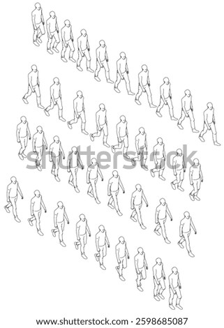 A group of people are walking in a line. The image is in black and white. The people are walking in a straight line, with some of them walking faster than others. Concept of movement and progression
