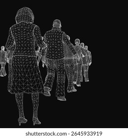 A group of people walking in a line, rendered as a detailed 3D wireframe model on a black background. The crowd moves uniformly, with each figure showing realistic posture and motion.