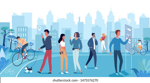 Group of people walking on the modern blue city street