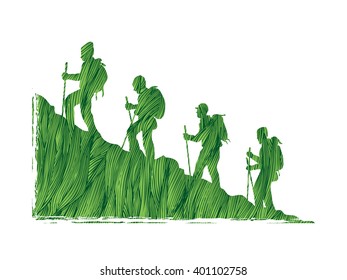 A group of people walking on mountain designed using green grunge brush graphic vector.