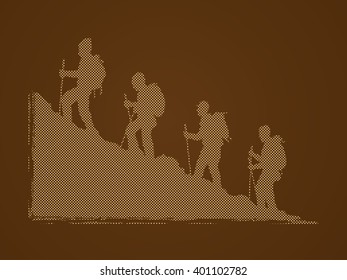 A group of people walking on mountain designed using dots pattern graphic vector.