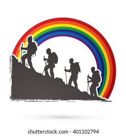 A group of people walking on mountain designed on rainbows background graphic vector.