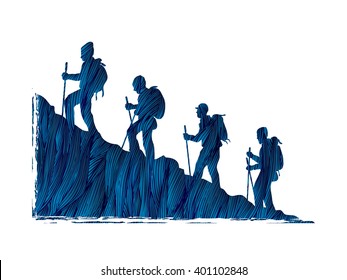 A group of people walking on mountain designed using blue grunge brush graphic vector.
