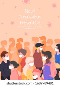 Group of people walking on the street and wearing protective masks to avoid coronavirus, Covid-19 prevention poster