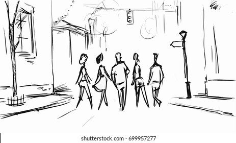 Group Of People Walking On A Street. City Life Vector Sketch For Storyboard, Cartoon, Project