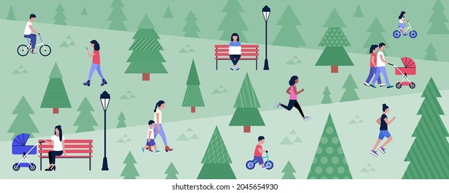 Group of people walking in the park. Colorful flat vector illustration