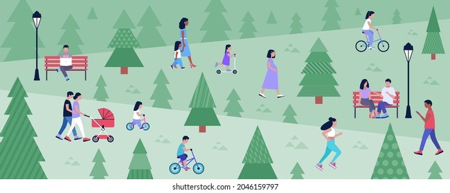 Group of people walking in the park. Colorful flat vector illustration