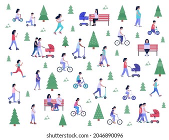 Group of people walking in the park. Colorful flat vector illustration