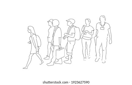 A group of people walking. Silhouette sketch in one line. Vector illustration on a white background.