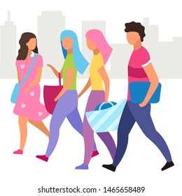 Group of people walking street flat vector illustration. Friends walk and talking together cartoon characters. Girls and guy spending time. Tourists, students have city stroll. Friendship concept