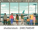 A group of people are walking through an airport terminal, some of them carrying luggage. Scene is busy and bustling, as people are rushing to catch their flights. The airport is a place of excitement