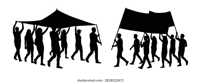 Group of people walking together holding large banners and signs in a protest or demonstration