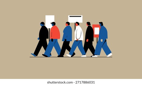 Grupo de personas caminando junto con carteles de protesta durante una marcha pacífica. Ilustración vectorial plana moderna que simboliza el movimiento social, el activismo, la libertad de expresión, los derechos civiles y la acción colectiva. Adecuado para Uso editorial, medios de comunicación, campañas de concienciación social, conceptos políticos, Anuncios, carteles y publicaciones digitales.