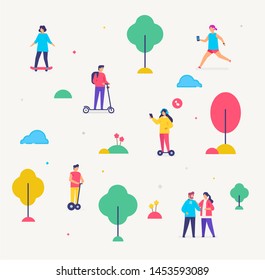 Group of people are walking. Transport gyroscooter, scooter, park infographics icons, illustration. Smartphones tablets user interface social media.Flat illustration Icons infographics. Landing page