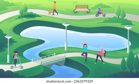 A group of people walks in a city park. Children ride scooters and bicycles, a man walks a dog, women do yoga. Street leisure activities in cartoon style.