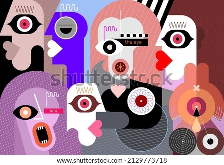 A group of people watch the man takes off his mask and screams. Modern digital painting, vector illustration. A3 canvas aspect ratio.