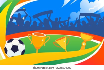 A group of people watching a football game cheering for the players, with a soccer field and playing field in the background, vector illustration