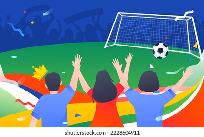 A group of people watching a football game cheering for the players, with a soccer field and playing field in the background, vector illustration