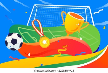 A group of people watching a football game cheering for the players, with a soccer field and playing field in the background, vector illustration