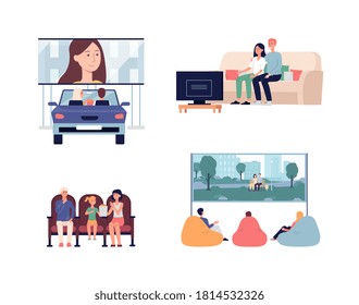 Group of people watching movie in the cinema and at home, flat vector illustration isolated on white background. Set of cartoon characters watching film.