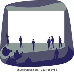 A group of people are watching a presentation on a big screen. People are watching a movie in a large hall. Employees of an IT company watching a product presentation
