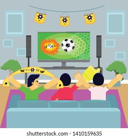 Group People Watching Sport On Tv In Living Room,football In Net Flat Design,vector Illustration