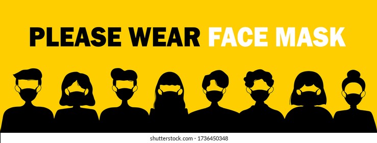 Group of people wear face mask sign. Required medical face mask. yellow vector banner