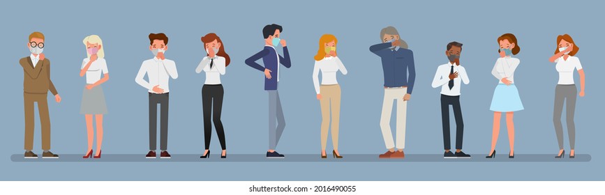 Group of people wear mask, women and men sick and coughing character vector design.