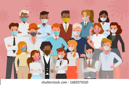 Group of people wear medical mask, virus and pollution protection concept character vector design