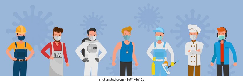 Group of people wear medical mask, virus and pollution protection concept character vector design