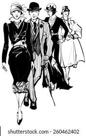 Group of people wearing 1910-1940 dress - vector illustration

