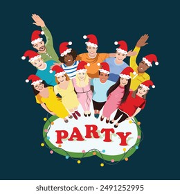 Group of people wearing Christmas hats and celebrating Xmas party. New Year party invitation. Vector illustration in flat style