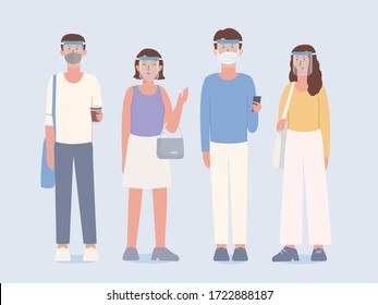 Group of People wearing clear Plastic face shield and surgical mask covers the face with clothing in lifestyle that is a New normal of now peoples. Illustration about the new culture of humans.