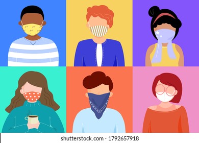 Group of people wearing cloth face covering or fabric mask to protect and help slow spread of Covid19 or Coronavirus, disease, flu, air pollution and contamination. Diverse people. Vector illustration