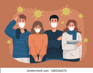 Group Of People Wearing Face Mask Surrounded By Virus. People Afraid Of Coronavirus