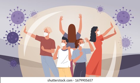 Group of people wearing face masks. Human protection from coronavirus. Virus preventive measures. Vector illustration in a flat style