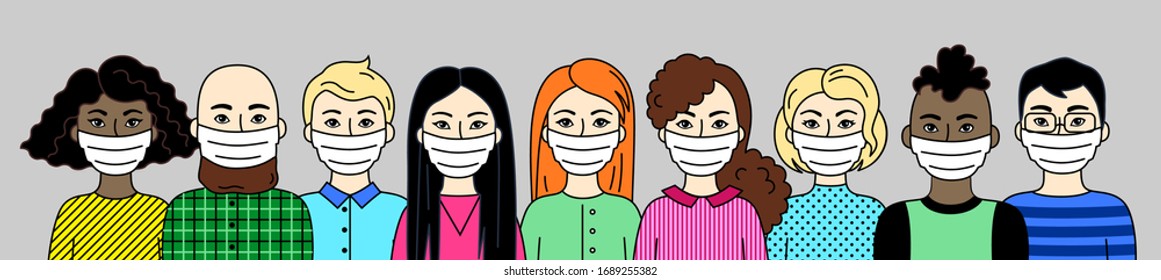 Group Of People Wearing Face Masks, Men And Women, Different Nations, Skin And Hair Colors. Respirators To Prevent Air Pollution, Disease, Flu. Sars-Covid-19 Pandemic. Vector Flat Illustration.