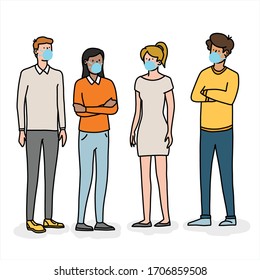 Group of people wearing face masks to protect against virus. Flat line art vector.