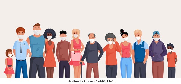 Group of people wearing face masks to protect viruses, air pollution, smog vector flat cartoon illustration. Old and young men, women, and children standing together. Coronavirus outbreak prevention