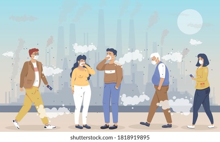 Group of people wearing face masks for air pollution walking through fumes and smog as protection against respiratory problems, colored vector illustration